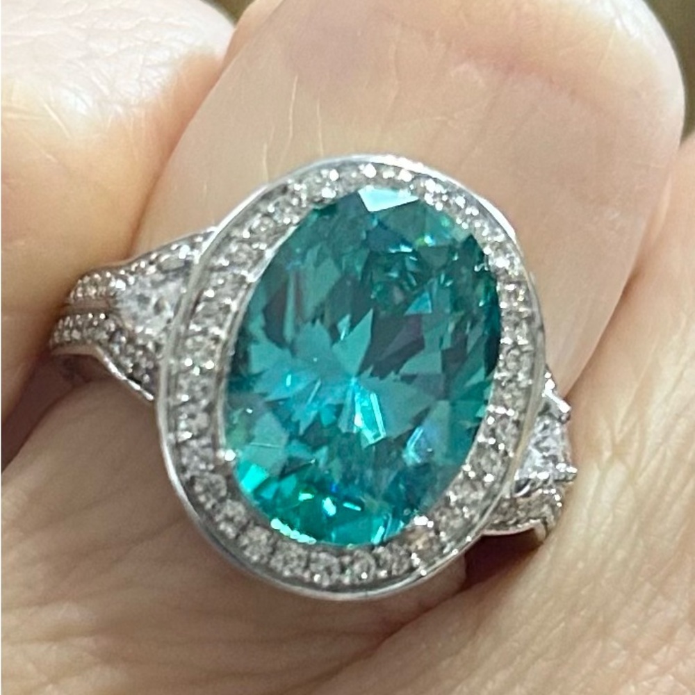 NWT JTV Oval Parabia Tourmaline 18X22mm & White CZ Ring  Size 7